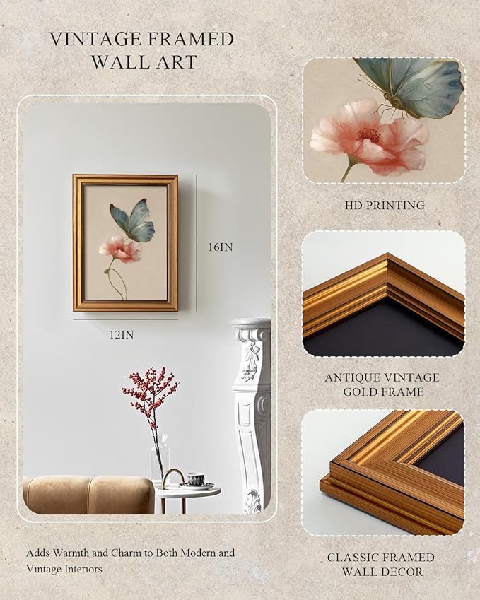 InSimSea Gold Framed Canvas Prints Wall Art, Vintage Butterfly Decor, Cherry Blossom Paintings Farmhouse Spring Wall Decor, Antique Pictures for Nursery Bedroom Living Room Shelf, 12x16inch