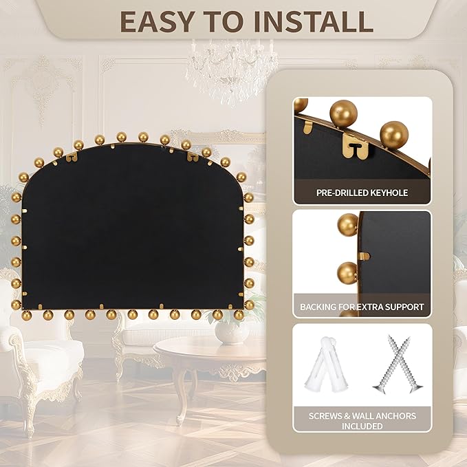 36"x28" Wide Arched Wall Mirror, Antique Gold Ball Frame with Beveled Glass, Large Horizontal Mantel Piece Over Fireplace or Above Sofa, Statement Metal Frame for Living Room
