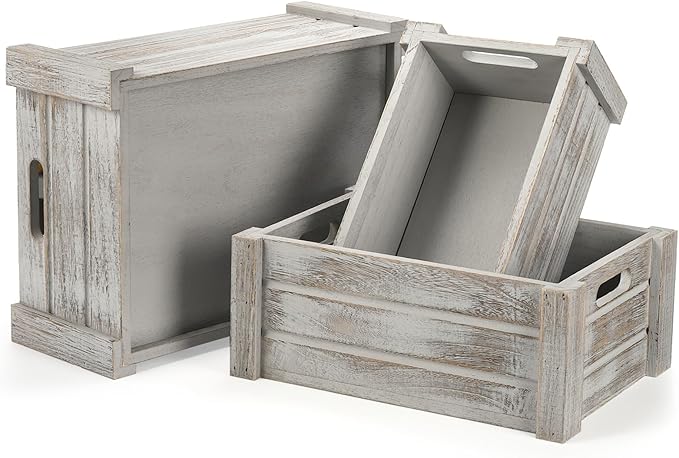 Hacaroa 3 Pack Wood Crates with Handles, Rustic Nesting Storage Container Box Decorative Wooden Basket Bins for Fruit, Vegetable, Home, Laundry, Farmhouse, 3 Sizes