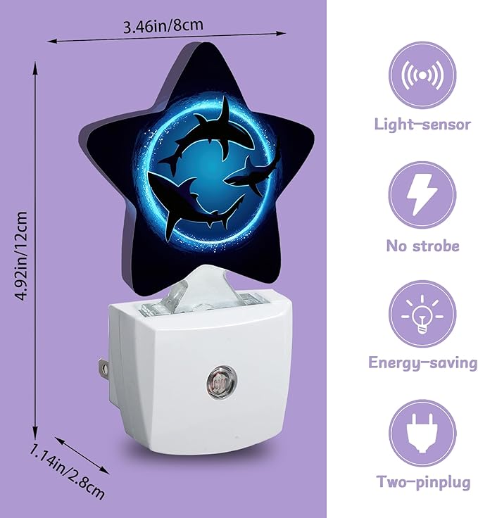 Shark Decorative Nightlight Plug in Wall,Blue Ocean Sea Star Shaped Night Light with Built in Sensor for Home Decor,Kitchen Hallway Stairs Desk Lamp