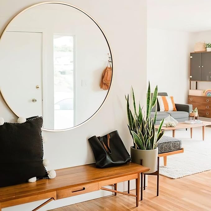 sawsile 18 Inch Round Mirror,Gold Circle Bathroom Large Metal Framed Modern Circular Wall Mirror for Bedroom, Living Room, Entryway,Restroom, Vanity,Hallyway