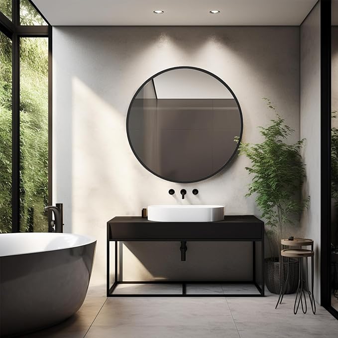 Sunniry Circle Mirror 26 inch, Black Round Mirror, Round Bathroom Mirrors Metal Frame, Circle Mirrors for Living Room, Bathroom, Wall, Hallway.
