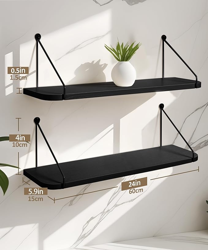 Afuly 24in Floating Shelves for Wall, Black Wooden Shelves with Triangular Brackets for Bathroom, Living Room, Bedroom, Kitchen, Home Wall Decor, Set of 2