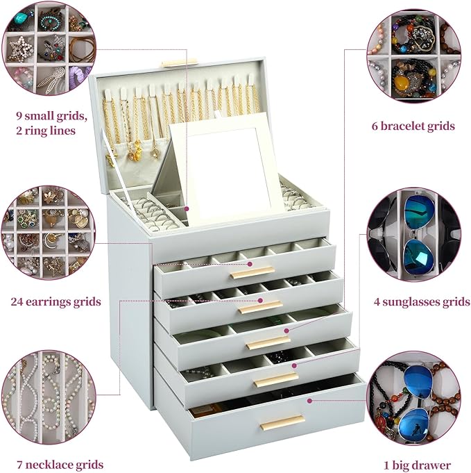 BOOVO Jewelry Boxes for Women, White and Black 6 Layer Large Jewelry Box for Necklace, Bracelet, Earrings, Rings Storage, Jewelry holder Organizer for Girls Gift (Grey and Gold, 6 layer)
