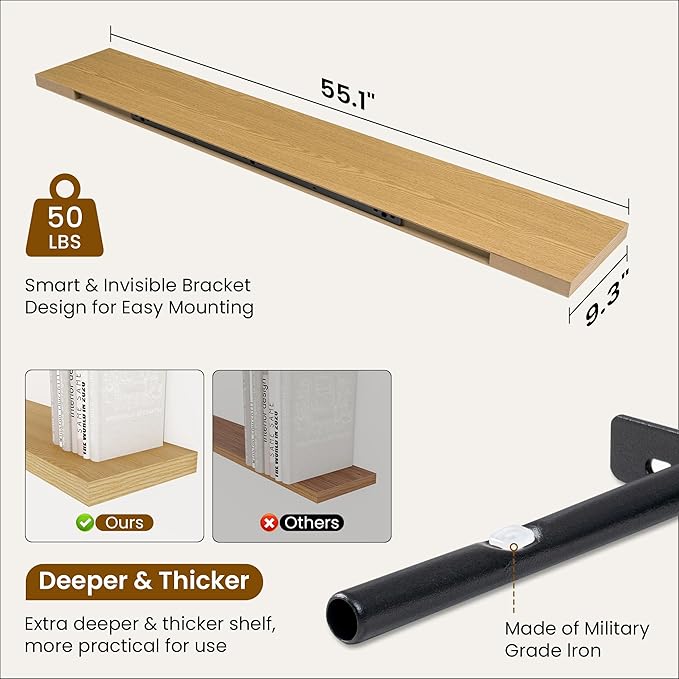 Fun Memories 55 Inch Fireplace Mantel Shelf, 9.3" Deep Floating Shelves for Wall, Long Wall Mounted Farmhouse Display Shelves with Invisible Heavy Duty Metal Bracket, Oak, 2 Pack