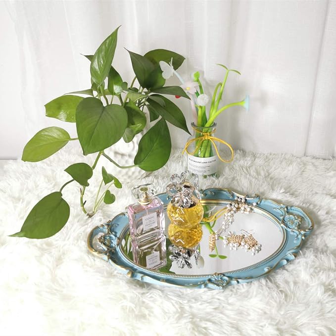 Oval Decorative Mirror Tray, French Style, Makeup Organizer, Jewelry Organizer, Serving Tray, 9.8"x 14.6", Golden Blue