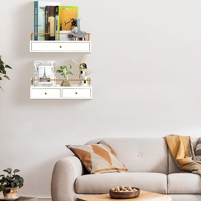 Dreampossible Floating Shelves With Drawers Set of 2, Wall Mounted Bathroom Storage, Rustic Wood Shelves for Bedroom, Living Room, Kitchen, Home Decor, Plants, Books (White)