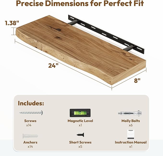 Vivelove Live Edge Floating Shelves 24 inch, Elm Wood Shelf, Rustic Farmhouse Wall Shelf with Invisible Bracket for Living Room Bedroom Bathroom Office Book, 24x8 - Set of 2 - Natural