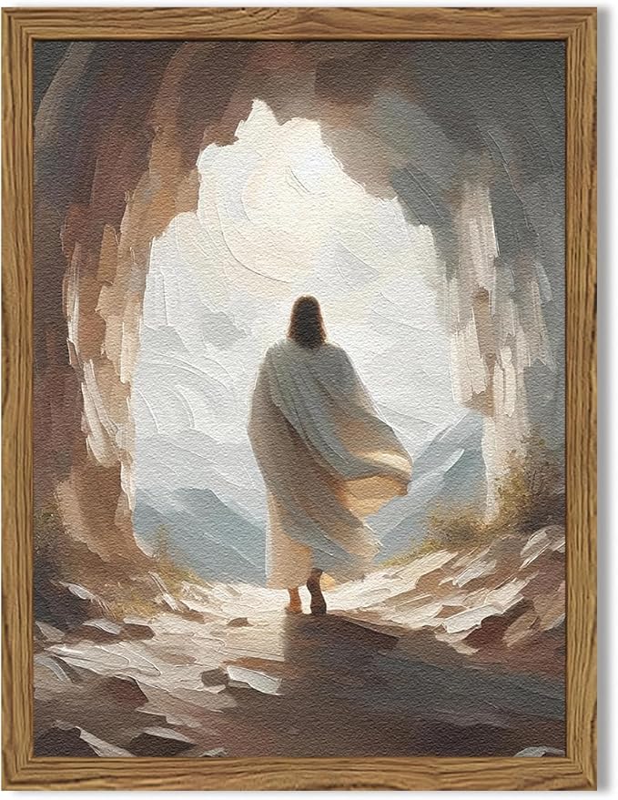 Jesus Leaves the Tomb Wall Art Easter Christian Wall Decor Painting Jesus Resurrection Artwork Religious 3D Textured Hand Drawn Sandstone for Bedroom Living Prayer Room 16x24 inch Wood Framed