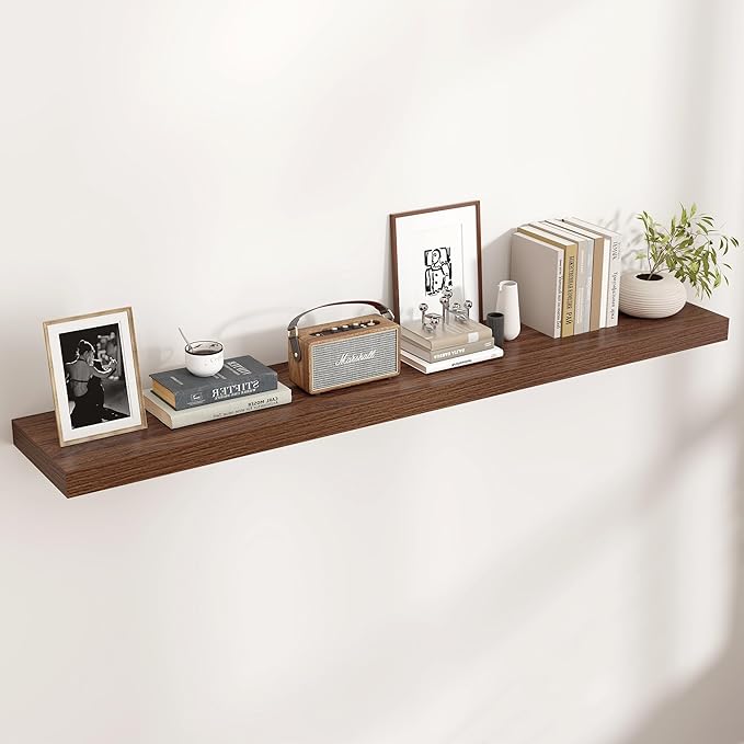 Venusmiles Floating Shelves for Wall, Engineered Wood Wall Shelves with Invisible Brackets for Living Room Bedroom Bathroom Office Kitchen Decor and Storage (Walnut, 55" W x 9" D x 1.5" H) Set of 1