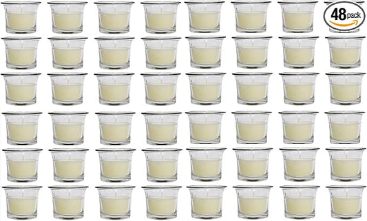 HOSLEY Oyster Cup Clear Glass Filled Candles 48 Pack Ivory Hand Poured Unscented Wax Candles for Home Restaurants Shabbat Church Weddings Romantic Moments Party Spa Meditation