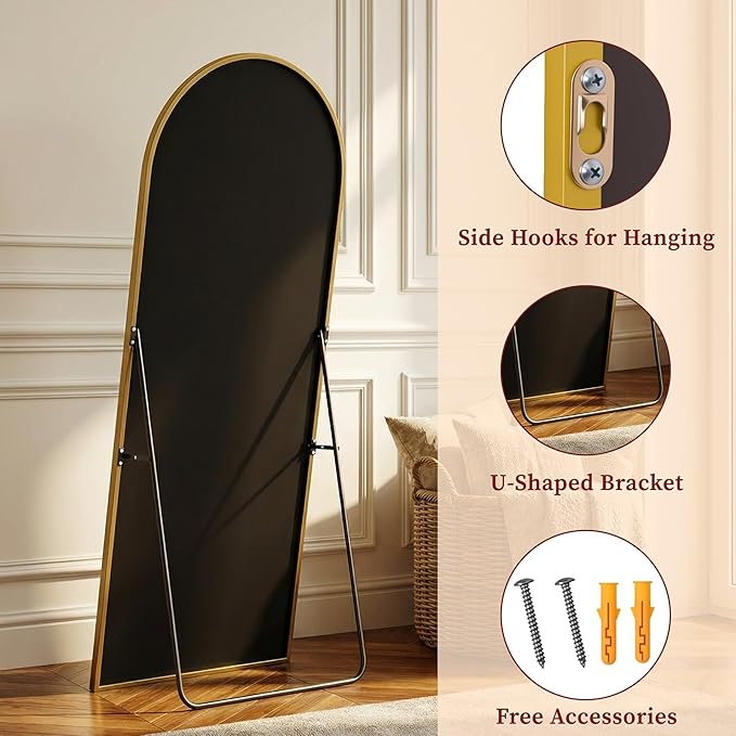 Suidia 78"x38" Arched Full Length Mirror with Stand, Full Body Mirror with Aluminum Frame, Freestanding/Leaning/Wall-Mounted, Floor Mirrors for Bedroom, Living Room, Entryway, Dressing Room, Gold