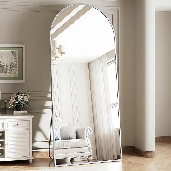 Dewfig Arched Full Length Mirror, 64"*21" Large Floor Mirror, Full Body Mirrors for Leaning or Hanging, Standing Mirrors for Bedroom, Living Room,Dressing Room, Aluminum Alloy Frame, Silver