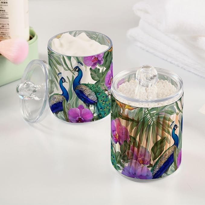 2 Pack Apothecary Jars Purple Flowers Peacocks Bathroom Vanity Storage Organizer Set,Small Clear Plastic Storage Jars Bathroom Canister for Cotton Swabs, Rounds, Balls, Qtips,Makeup Sponges, Fl