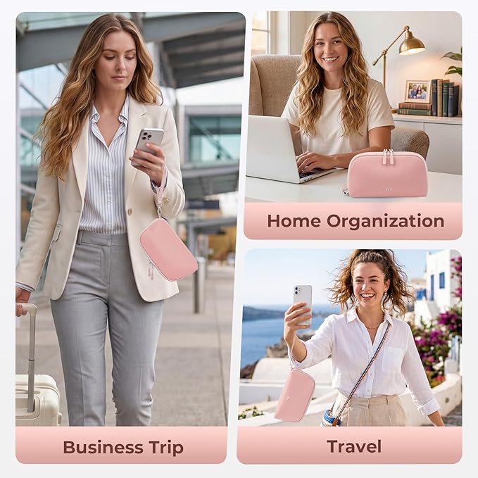 FYY Travel Cable Organizer - 8 Compartments Lightweight Water Resistant Tech Pouch with Wrist Strap, Portable Electronic Accessories Case for Cord Charger Storage for Travel Home Office Pink (Medium)