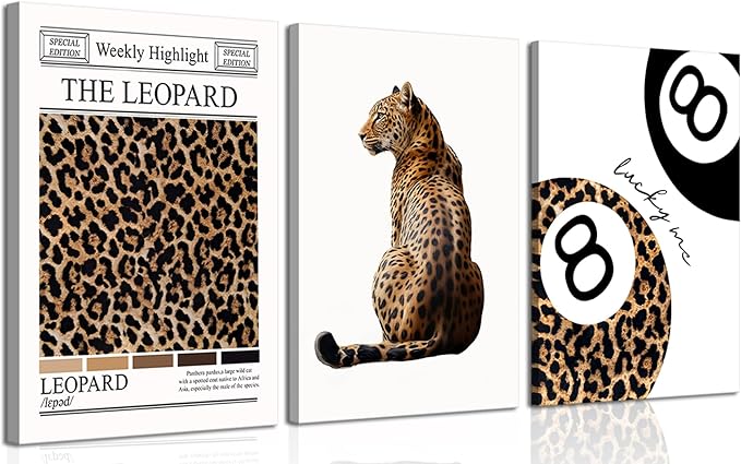 Set of 3 Trendy Leopard Canvas Wall Art Funky Lucky 8 Ball Posters Prints Preppy Room Aesthetic Cheetah Wall Decor Pictures for Girly Bedroom Apartment Dorm 16x24in