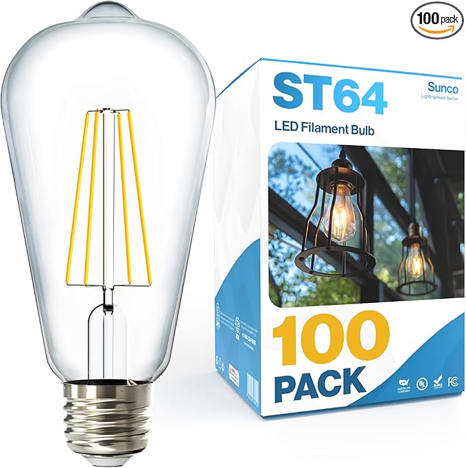 Sunco 100 Pack Edison Bulbs LED ST64, Clear Vintage Filament Waterproof Bulb, 800 LM, 8W (60W Equivalent), ST19, 4000K Cool White, E26 Medium Base, Decorative Dimmable UL