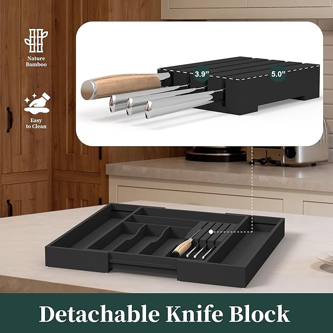 Bamboo Silverware Organizer, Expandable Kitchen Drawer Organizer, Utensil Holder and Cutlery Tray with Grooved Drawer Dividers, Spoon Flatware Storage with Removable Knife Block (Black)