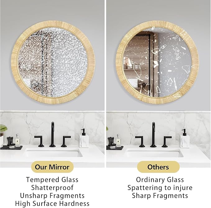 Decorative Rattan Wall Mirror, Boho Bathroom Modern Makeup Mirror, Rustic Wall Bohemia Mirrors for Bedroom, Living Room, Vanity Versatile Farmhouse, Nursery, Bathroom, 24"x24", Round