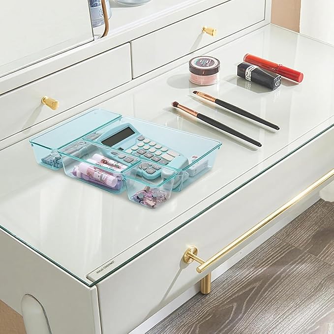 Kitchen Desk Drawer Organizers Storage for Office, Small Acrylic Vanity Trays Makeup Organizer for Drawer Bathroom Plastic Make up Organizers 25 Pcs Clear Blue
