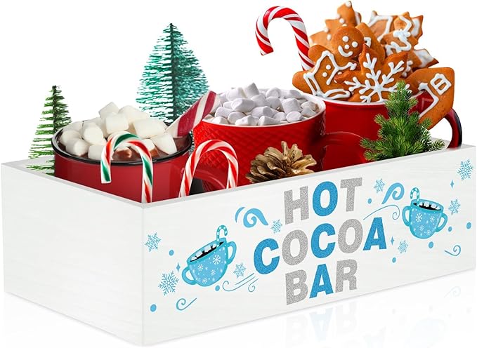YLOLUL Christmas Hot Cocoa Bar Decor Box Wood Storage Bin Xmas Blue Bar Holder Hot Cocoa Decorative Christmas Cute Wood Storage Bins for Home Kitchen Office Farmhouse Gift
