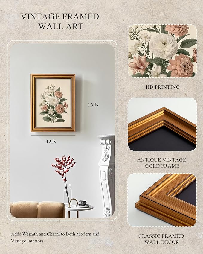 InSimSea Gold Framed Canvas Prints Wall Art, Vintage Colour Floral Prints Decor, Floral Botanical Paintings Farmhouse Wall Decor, Antique Pictures for Bedroom Living Room Shelf, 12x16inch