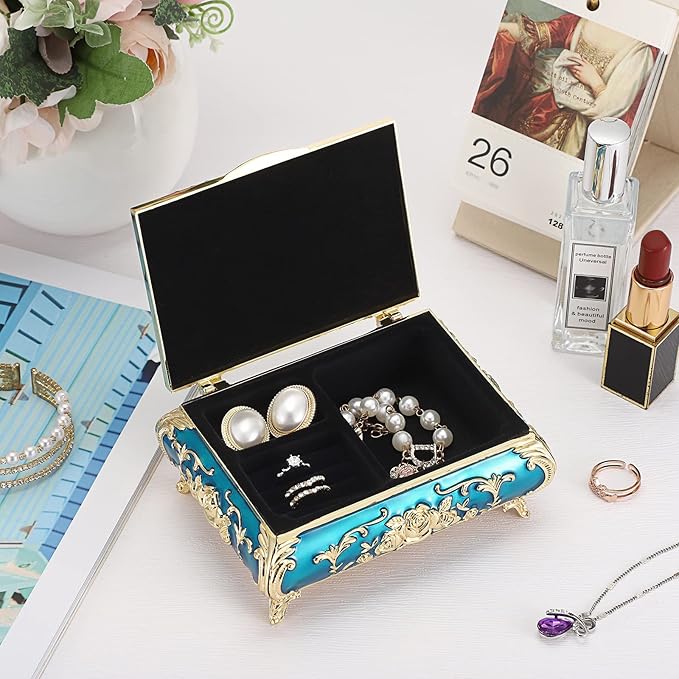 Hipiwe Metal Decorative Jewelry Box Vintage Treasure Chest Case Ornate Trinket Organizer Earrings Necklace Bracelet Storage Box Ring Holder Keepsake Box for Women