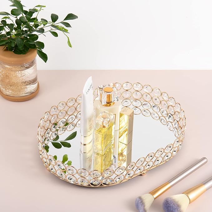 Feyarl Crystal Perfume Tray Vanity Makeup Organizer Ornate Jewelry Trinket Cosmetic Tools Decorative Skin Care Storage for Home Deco Dresser Bathroom Countertop (Oval 12" x 9") (Gold)