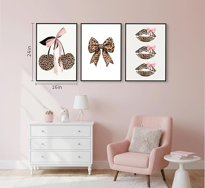 YZLYAD 3Pcs Trendy Leopard Print Wall Art,Fashion Bow Cherry Lips Y2k Poster Pictures,Stylish Preppy Aesthetics Girls' Rooms Canvas Wall Decor for Bedroom Dorm Apartment.24x16in Unframe