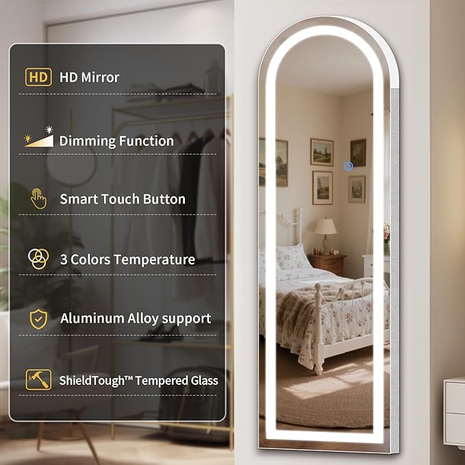 Arch Full Length Standing Mirror with LED Lights, 71"x32" Lighted Mirror with Dimming & 3 Color Lighting, Tall Mirror Full Body for Bedroom, Dressing Room