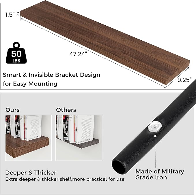 Venusmiles Floating Shelves for Wall 48 inch Long, Engineered Wood Wall Shelves with Invisible Brackets for Living Room Bedroom Bathroom Office Kitchen Decor and Storage, Walnut Finish, Set of 2
