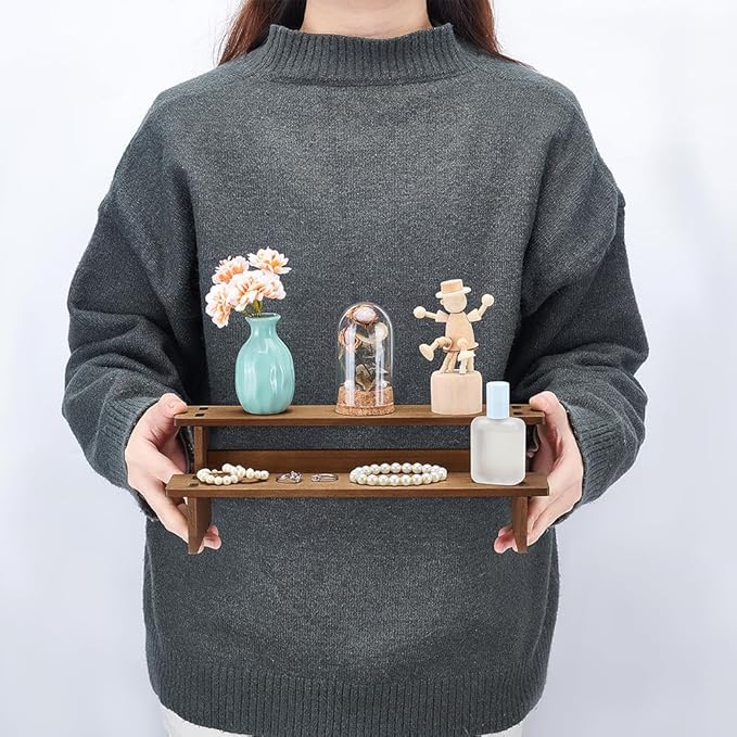 NBEADS 2-Tier Wooden Display Riser Shelf, 4.69x11.65x3.78 Inch Camel Tabletop Small Food Stand Risers Display Makeup Step Perfume Organizer for Fragrance Cosmetics Figure Collection