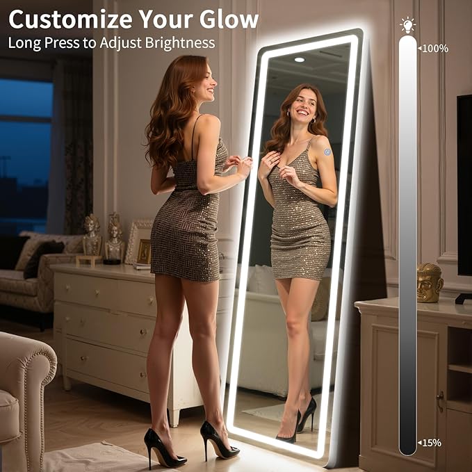 Standing Mirror Full Length with LED Lights, 56"x20" Lighted Mirror with Dimming & 3 Color Lighting, Tall Mirror Full Body for Bedroom, Dressing Room