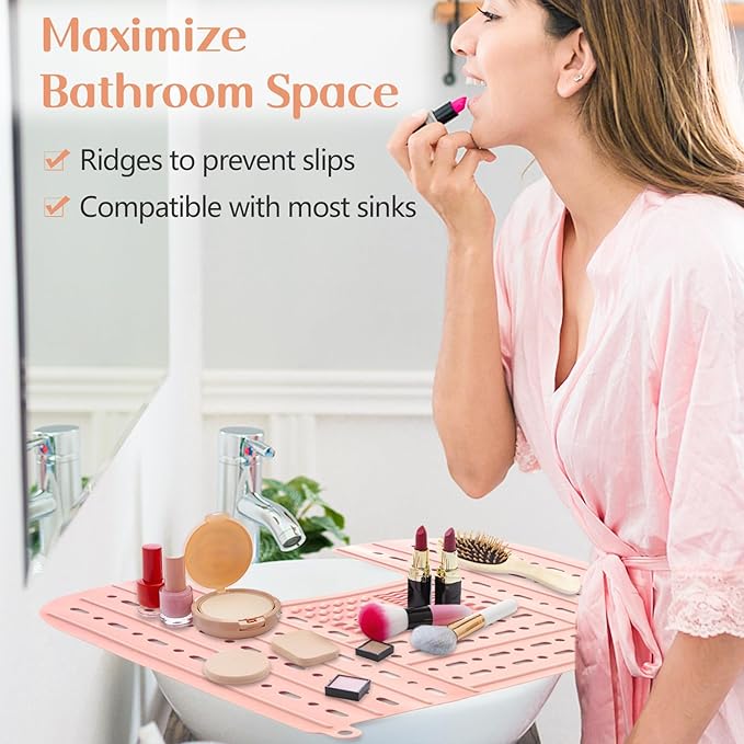 Bathroom Sink Cover for Counter Space, Foldable Silicone Makeup Mat with Hanging Loop Heat-Resistant Sink Cover for Makeup, 22 * 17" Space Saver Sink Organizer Mat for Bathroom, Pink