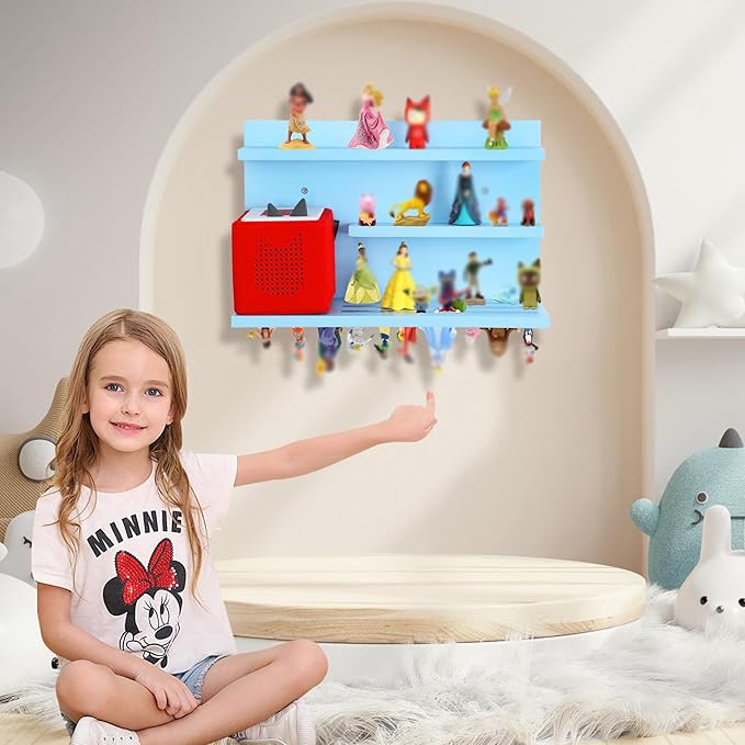 PHOENANCEE for Tonies Shelf Magnetic,for Toniebox Figures Storage Display Shelf 40-48 Character,Wall Floating Shelves Wooden,Compatible Charging Station for Children Kid's Room,Pine,3 Tier