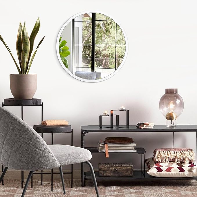 JJUUYOU Round Wall Mirror 16 Inch Circle Wall Mirror for Bathroom, White Circular Mirror Washroom Wall Mounted Metal Frame Mirror for Living Room, Bedroom, Dorm