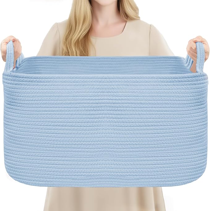 YOUDENOVA Nursery Storage Basket，21.6''×14.9''×11.8'' Rectangle Cotton Rope Blanket Basket, Nursery Laundry Hamper for Organizing，Toy Basket for Living Room, Bedroom