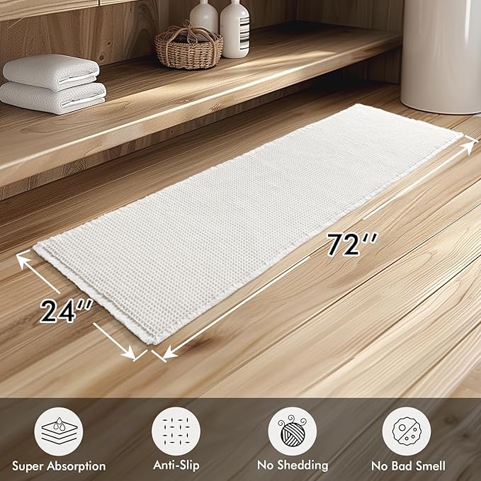 MIULEE Set of 2 Waffle Bathroom Runner Rugs, Boho Bath Rugs Non Slip Washable, Super Absorbent Runner Bath Mats, Rubber Backed Shower Mats for Hallway Bedroom Laundry Room, White, 2'x6'(24x72 Inch)