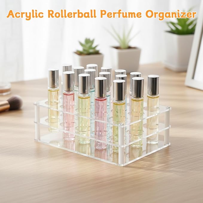 20-Space Rollerball Perfume Organizer, Clear Acrylic Perfume Holder & Display Stand, Lip Gloss Organizer, Beauty Fragrance Storage for Dresser