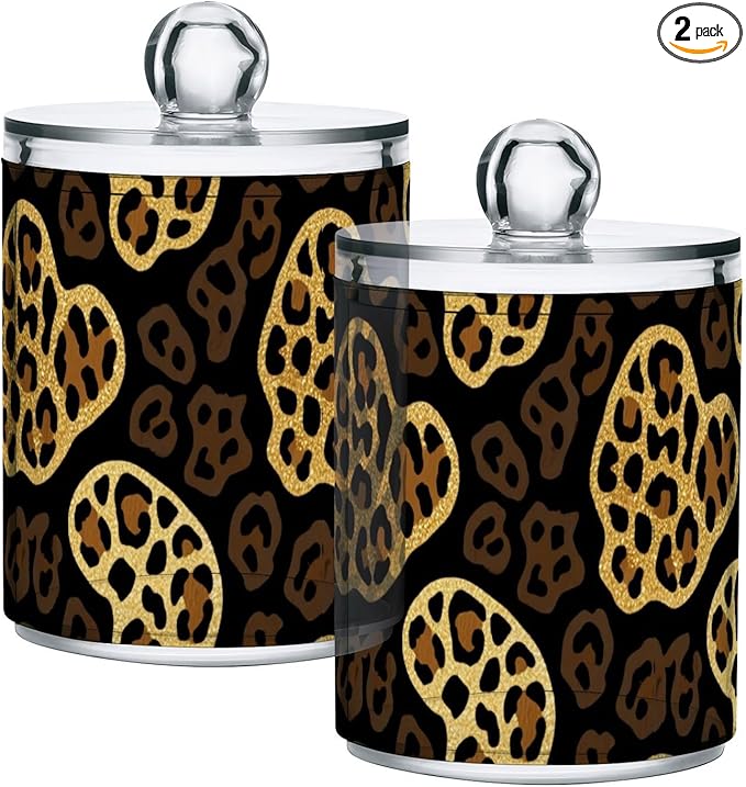 2 Pack Apothecary Jars Irregular Leopard Print Pattern Bathroom Vanity Storage Organizer Set,Small Clear Plastic Storage Jars Bathroom Canister for Cotton Swabs, Rounds, Balls, Qtips,Makeup Spo