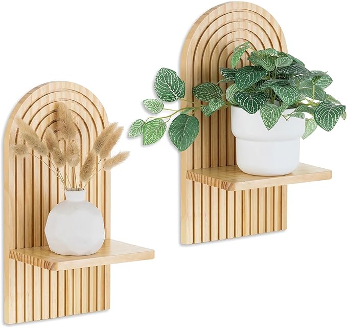 Boho Shelf Wall Decor - Bohemian Floating Shelves for Nursery Bedroom Living Room Aesthetic Hanging Shelf Modern Rainbow Wall Candle Holder (Natural)