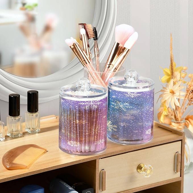 Nander 4Pack Stars and Snowflakes Qtip Holder Dispenser -Clear Plastic Apothecary Jars Set - Restroom Bathroom Makeup Organizers Containers for Cotton Swab, Ball, Pads, Floss