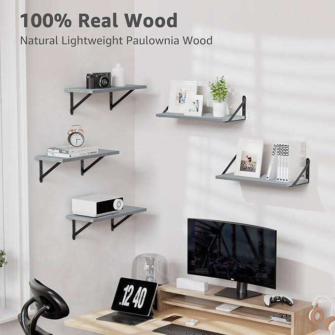 COCOYA Wall Shelves 7.3" Deep Set of 2, Solid Paulownia Wood Wider Longer Sturdy Easy to Install Wall Mounted Bookshelves Storage Shelves Bathroom Home Office Laundry Room Bedroom Organizer Gray