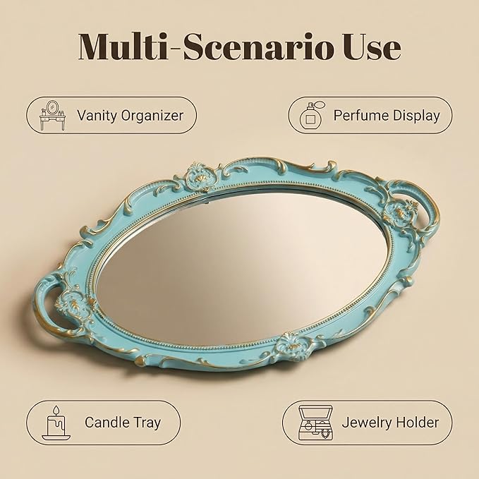 Schones Geschaft Decorative Mirror Tray, Makeup Jewelry Perfume Organizer，Vintage Oval Display and Serving Tray for Bedroom Living-Room Dresser Decor (14.4”x 9.8”) (Blue - Oval)