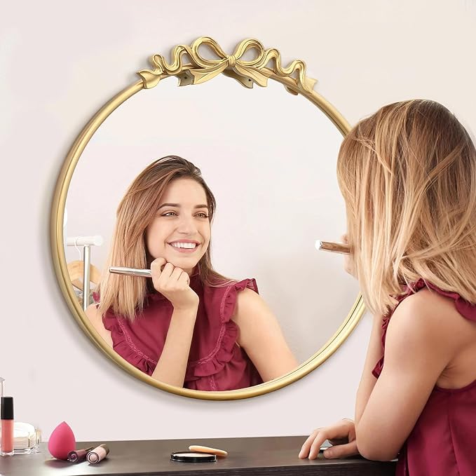 Besdomus Vintage Gold Mirror: 27" Bow Round Wall Mounted Mirror - Baroque Traditional Ornate for Entryway/Fireplace/Bathroom/Hallway - Home Decor for Fashion-Conscious
