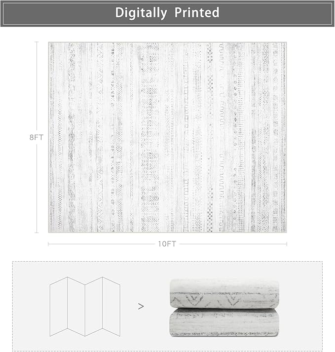 Srugn Moroccan Washable Rugs 8x10 Area Rugs for Living Room,Bedroom,Dining Room- Large Ultra Soft Faux Wool Retro Carpet,Non Slip&Non-Shedding Low Pile Vintage Print Rug for Home Office-(Gray-White)