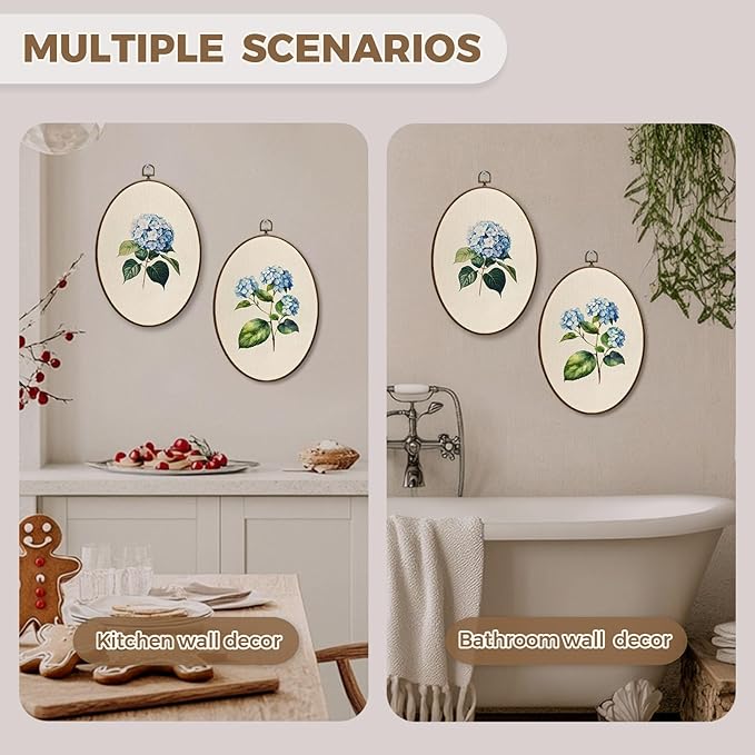 JQF Blue Hydrangea Floral Oval Wall Decor, Cottagecore Floral Botanical Oval Canvas Wall Art, Neutral Antique Flower Framed Prints Hanging Decor for Home Bedroom Living Room, 8.5x11.5 Inch Set of 2