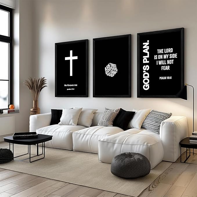 Christian Jesus Wall Art Black White God Canvas Wall Decor Religious Bible Verse Poster Modern Christian Cross Painting Artwork Christ Scripture Prints Picture for Bedroom 12x16 Inch Framed Set of 3