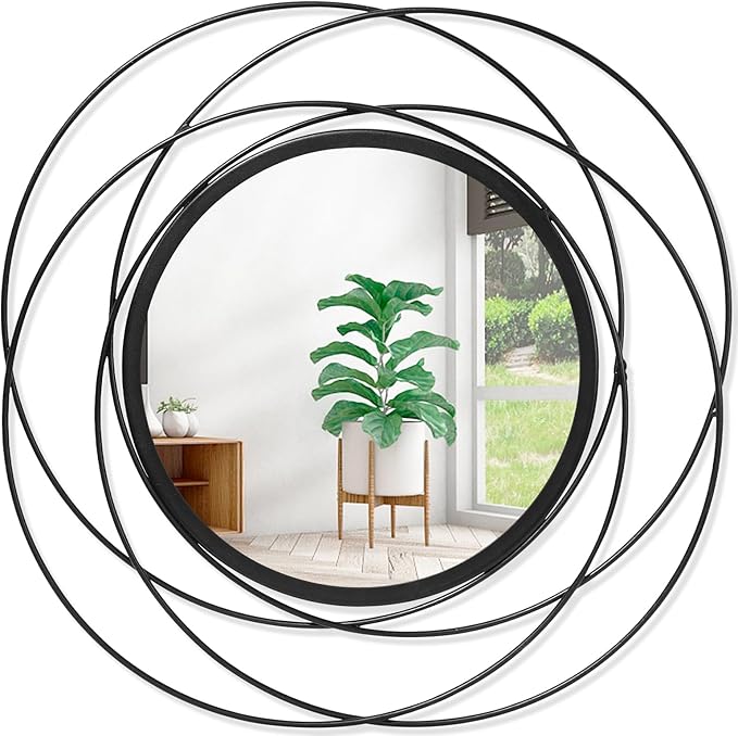 Black Circle Mirror Wall Decorative Metal Mirror Art Small Round Wall-Mounted Mirror Home Wall Decor for Bedroom Living Room Bathroom Entryway 16” x 16”