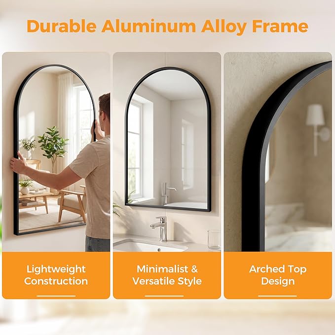 OLIXIS Arched Black Bathroom Mirror for Over Sink, 36x24 Inch Wall Mirror, Bathroom Vanity Mirror with Matte Metal Frame for Home Decor, Living Room